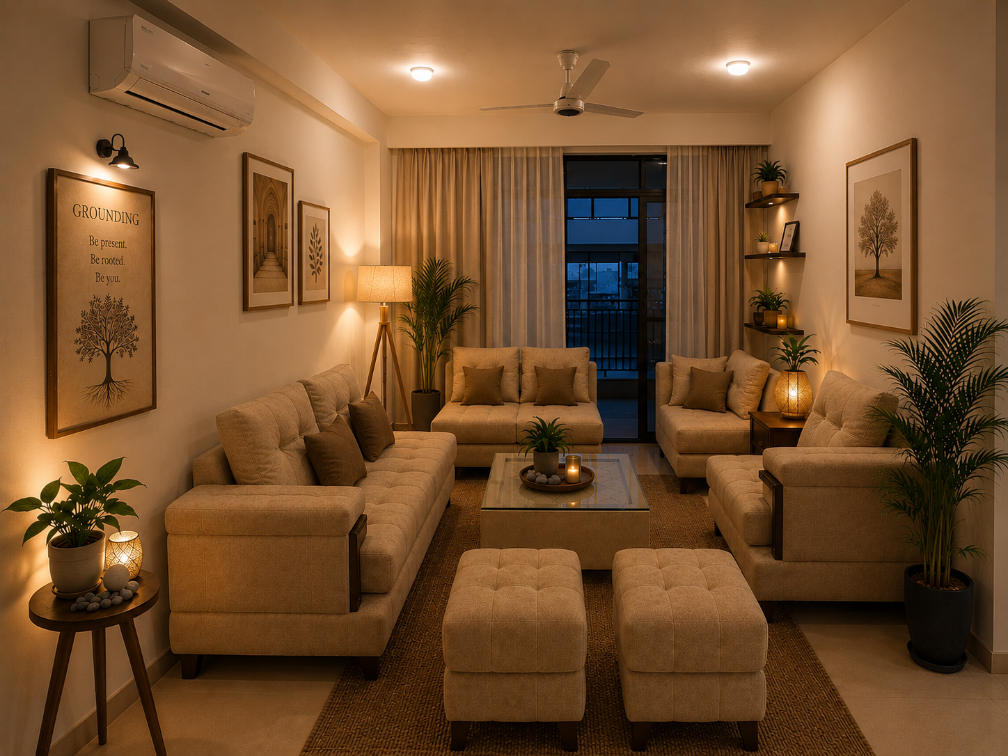 The Chariot Sage home office drawing room with warm lamps, sofas, plants, and grounding wall art